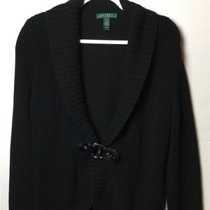 Ralph Lauren Black Sweater, Size L, Leather buckle, Open front, gently used
